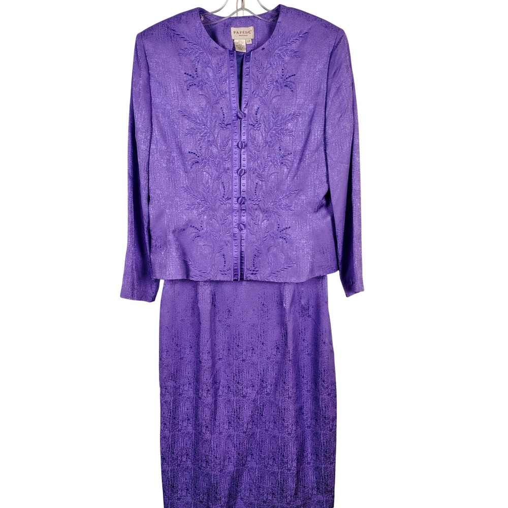 Papell Womens 12P Silk Skirt Suit Set Purple Embroidered Beaded Formal Mob Wife